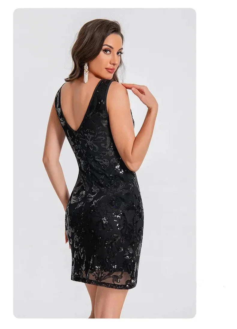 Robe Cocktail Courte Paillettes Col V Beige