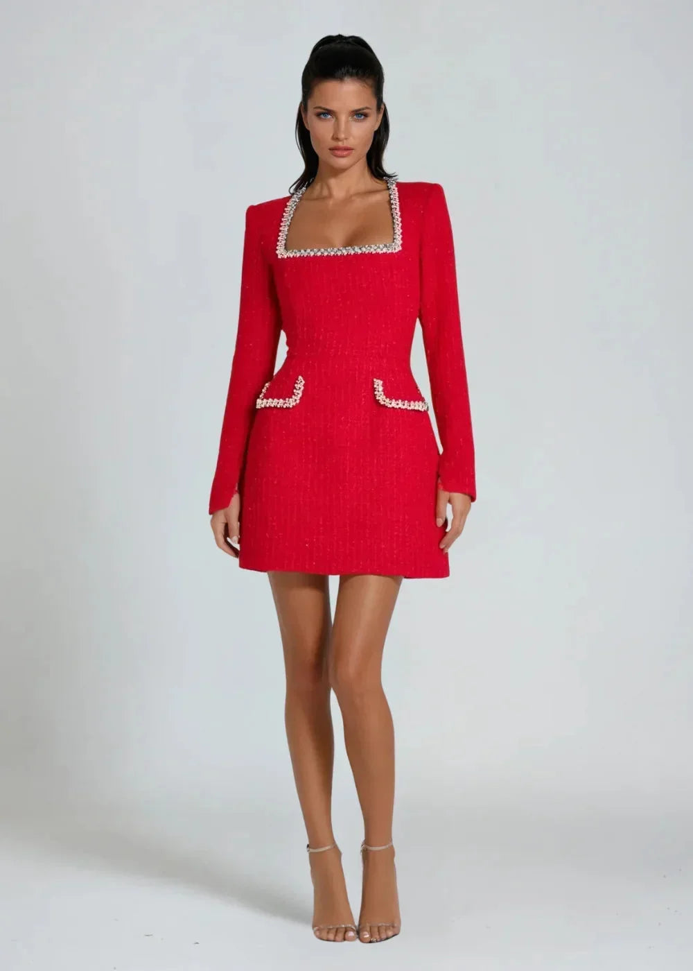 Robe Courte Col Carré Perles Manches Longues 3 Coloris | ROBEMODE