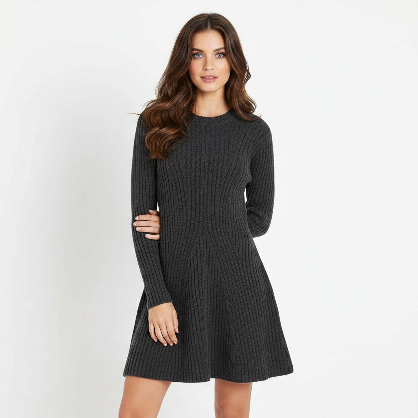 Robe courte femme maille côtelée col montant manches longues | ROBEMODE