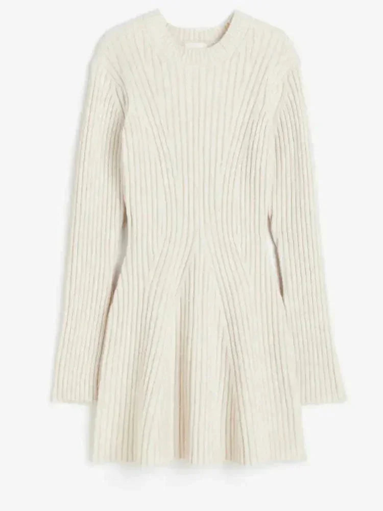 Robe courte femme maille côtelée col montant manches longues | ROBEMODE