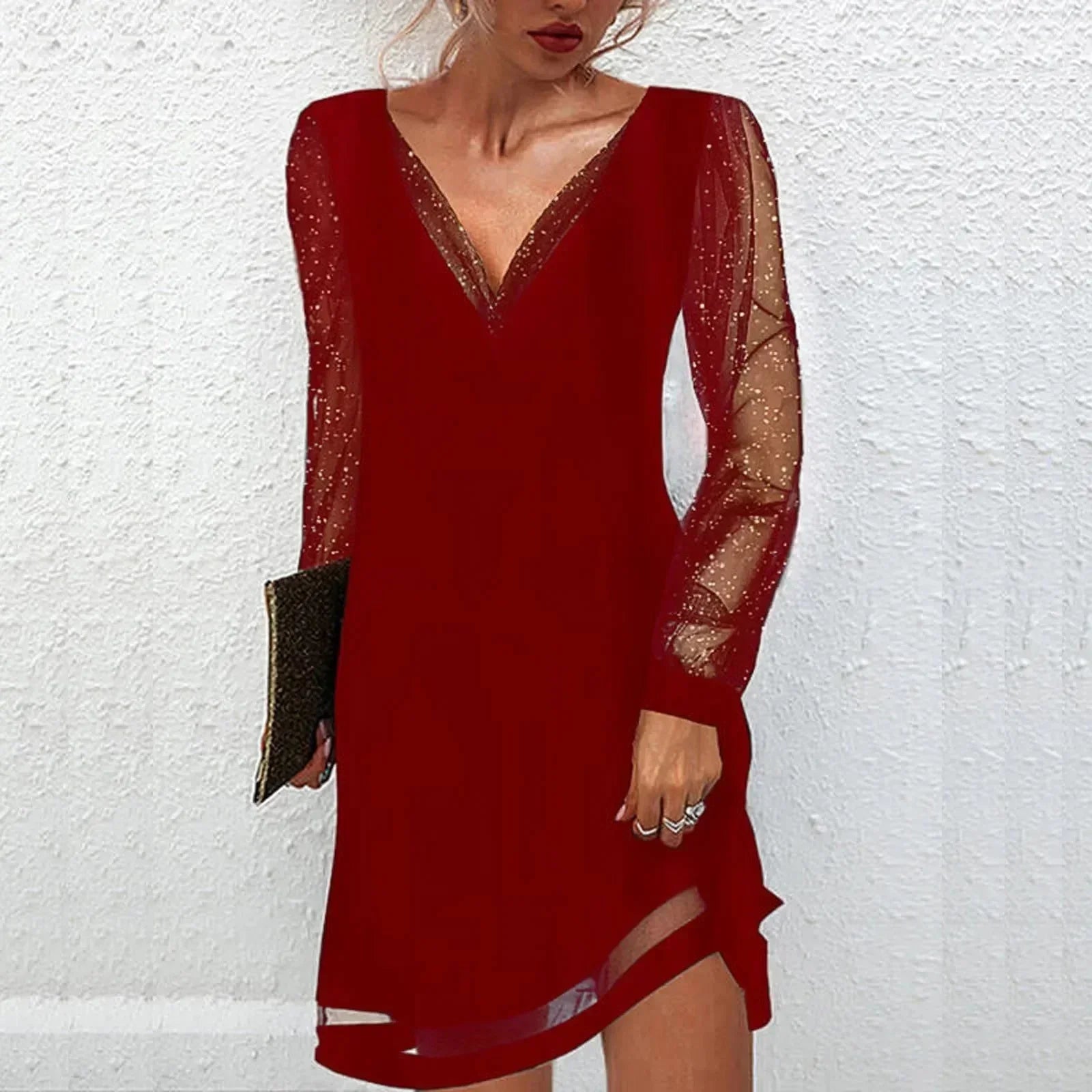 Robe Courte Col V Manches Transparentes Soirée 3 Coloris | ROBEMODE