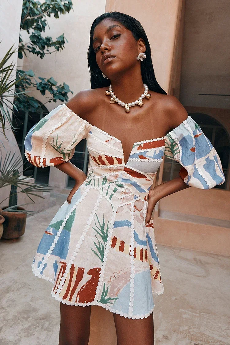 Robe Courte Fleurs Manches Bouffantes Colorée | ROBEMODE