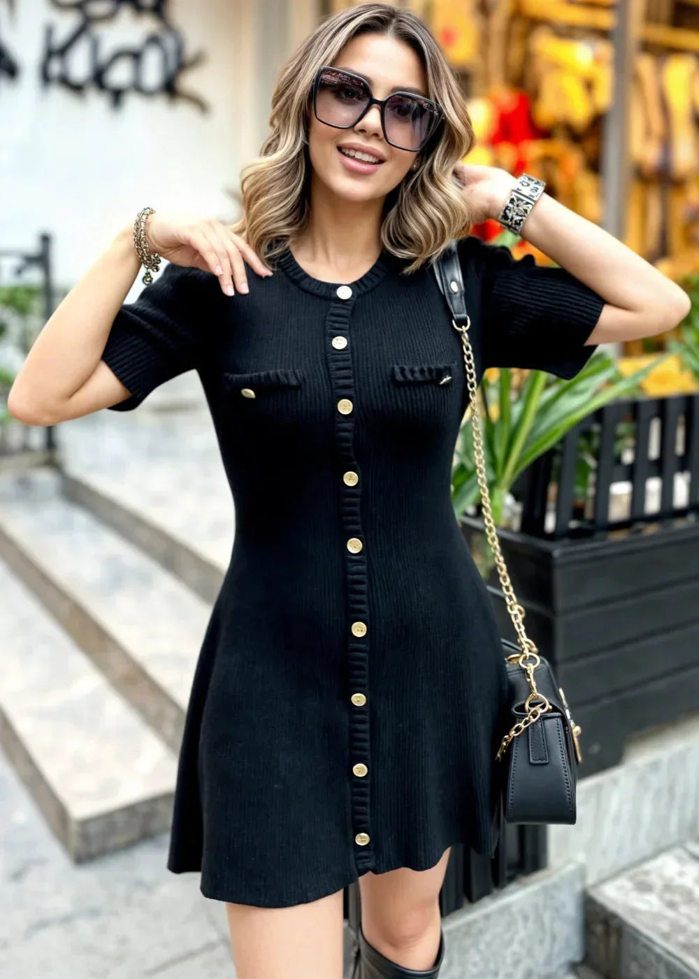 Robe Courte Femme Maille Côtelée Boutonnée | ROBEMODE