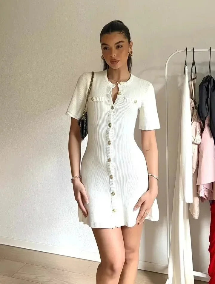 Robe Courte Côtelée Boutons Frontaux 2 Coloris | ROBEMODE