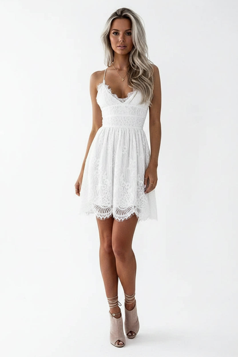 Robe Courte Dentelle Blanc Cassé Bretelles Fines Grande Taille | ROBEMODE