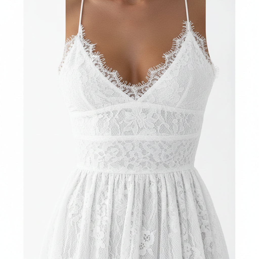 Robe Courte Dentelle Blanc Cassé Bretelles Fines Grande Taille | ROBEMODE