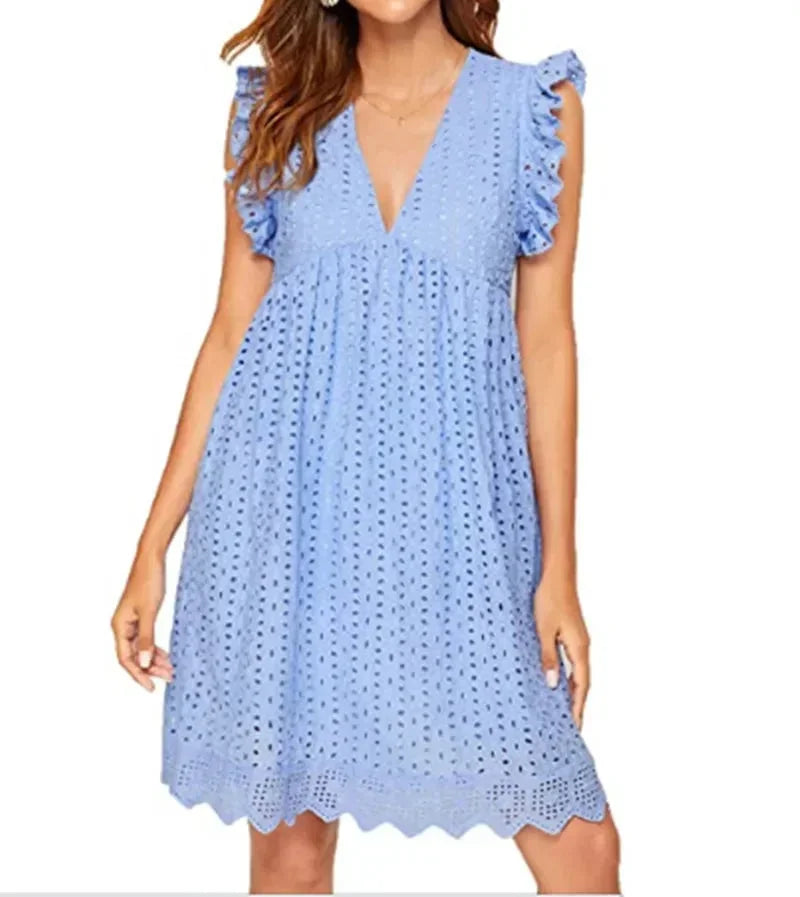 Robe courte femme en dentelle col V pour l'été | ROBEMODE