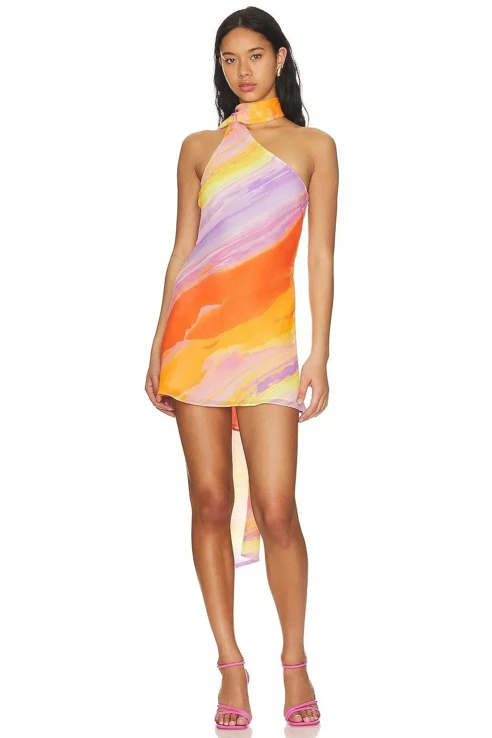 Robe Courte Femme Dégradé Orange Col Licou Asymétrique Été | ROBEMODE