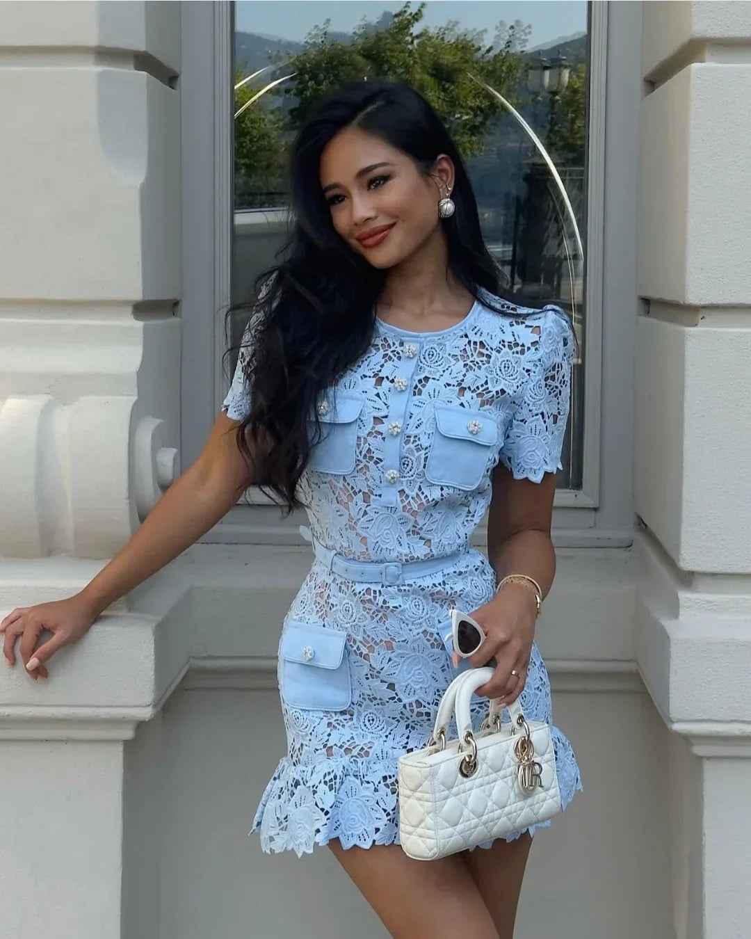 Robe Courte Femme Bleue en Dentelle 1 Coloris | ROBEMODE