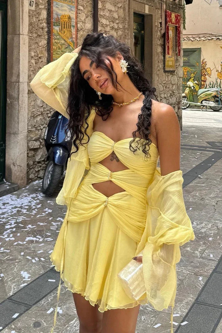 Robe Courte Femme Jaune Découpée 1 Coloris | ROBEMODE