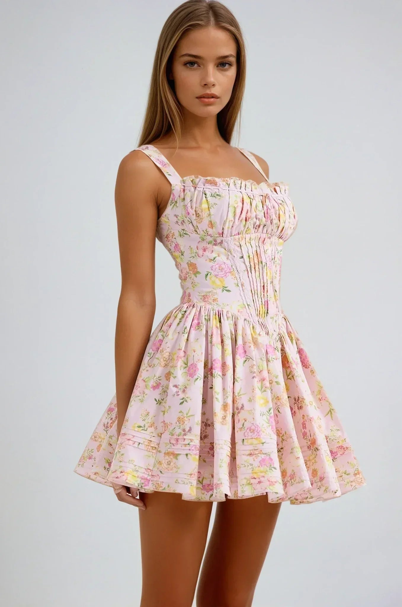 Robe courte fleurie rose corset bretelles larges | ROBEMODE