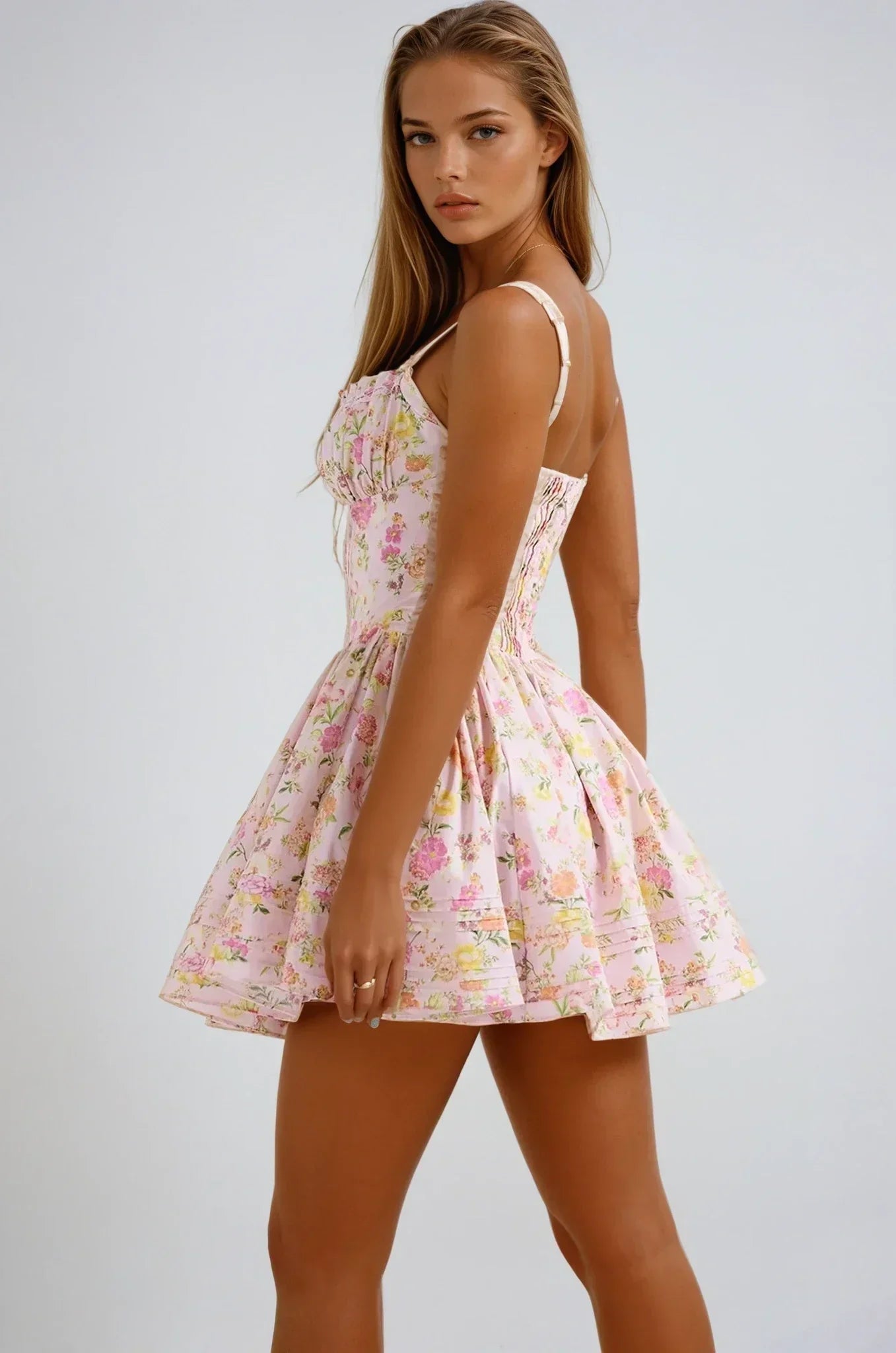Robe courte fleurie rose corset bretelles larges | ROBEMODE