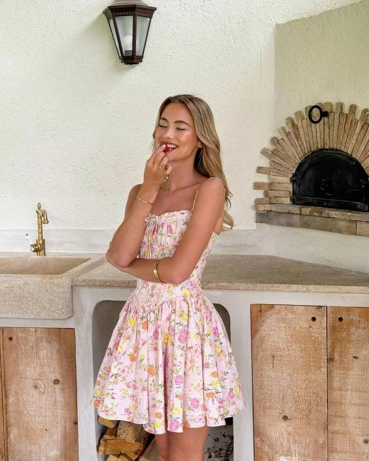 Robe courte fleurie rose corset bretelles larges | ROBEMODE