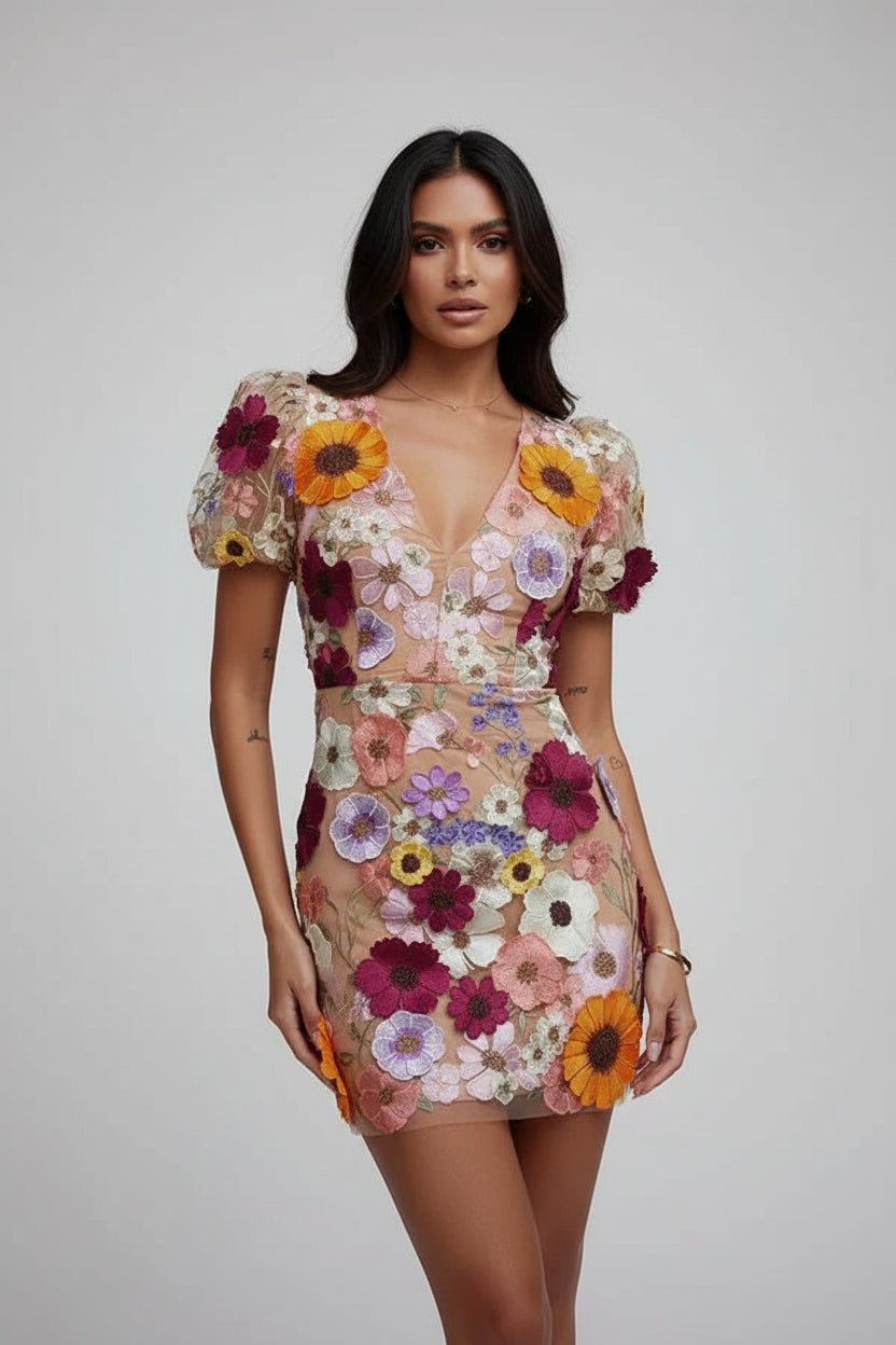 Robe Courte Florale Transparente Femme | Manches Bouffantes Soirée Romantique | ROBEMODE