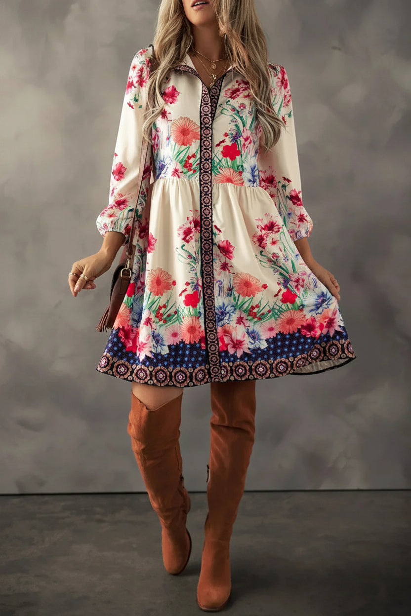Robe courte femme multicolore imprimé floral manches longues | Coupe féminine + Style élégant + Facile à accessoiriser – ROBEMODE