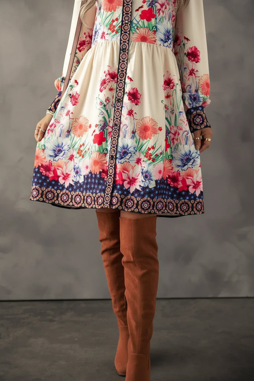 Robe courte femme multicolore imprimé floral manches longues | Coupe féminine + Style élégant + Facile à accessoiriser – ROBEMODE