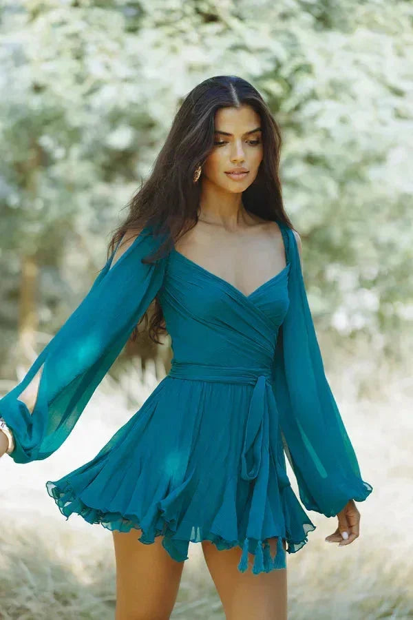 Robe Courte Fluide Femme Manches Longues à Volants | Pistache + Légère + XS-XL | ROBEMODE