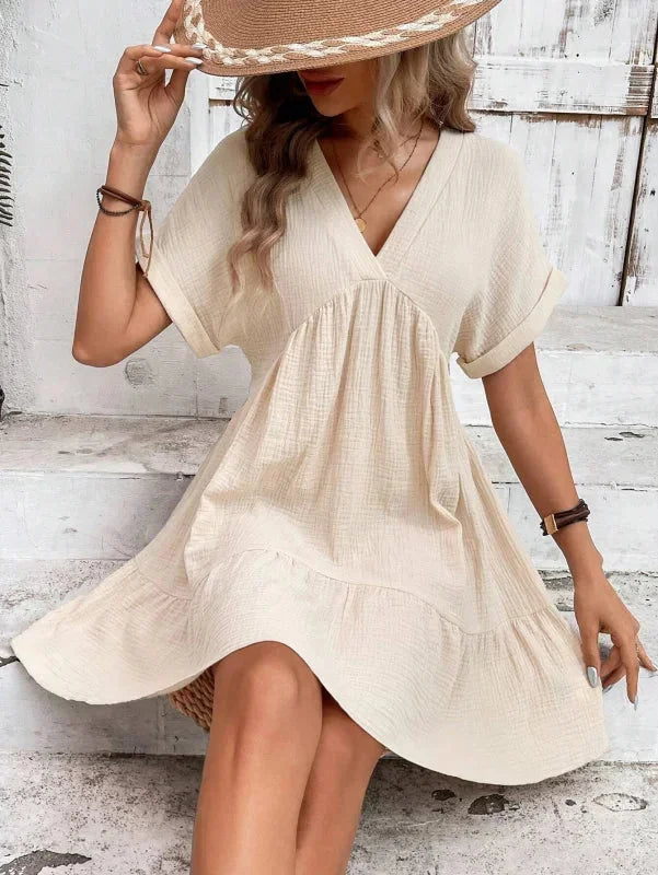 Robe courte fluide femme col V manches courtes été | Coupe féminine + Style élégant + Facile à accessoiriser – ROBEMODE