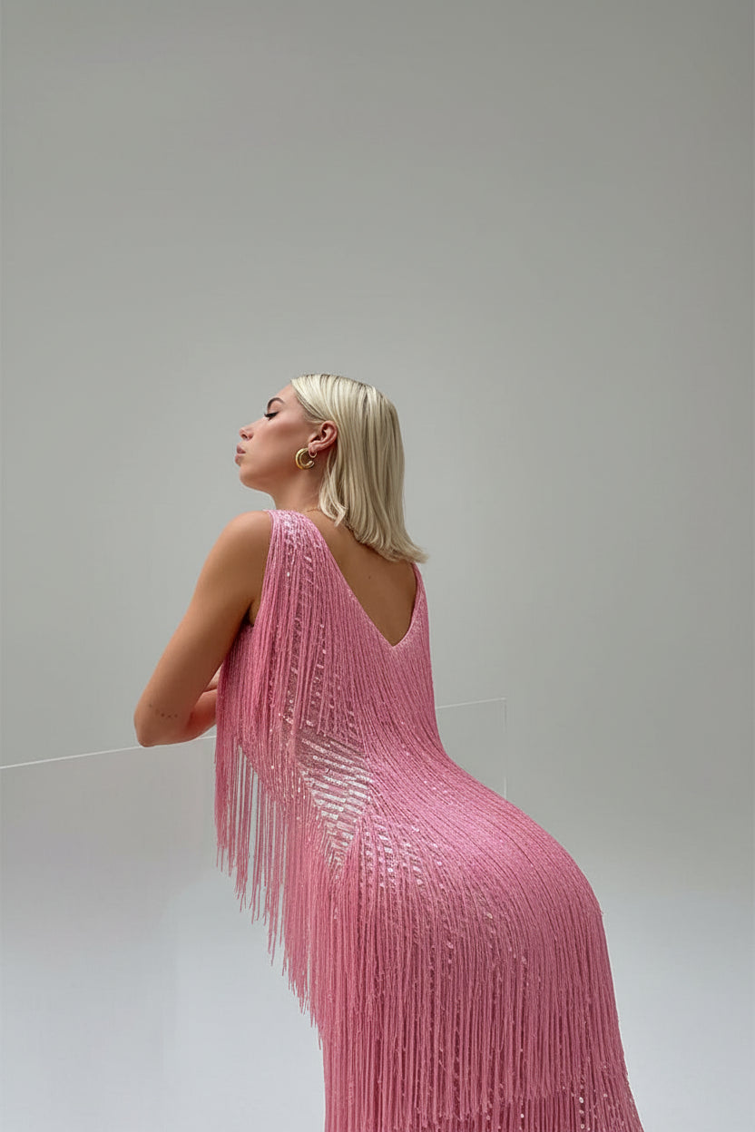 Robe Soirée Courte Femme à Franges Brillantes Sans Manches | Cocktail Glamour | ROBEMODE