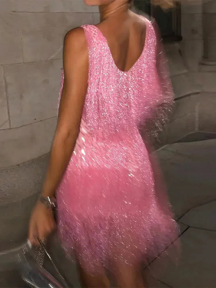 Robe Soirée Courte Femme à Franges Brillantes Sans Manches | Cocktail Glamour | ROBEMODE