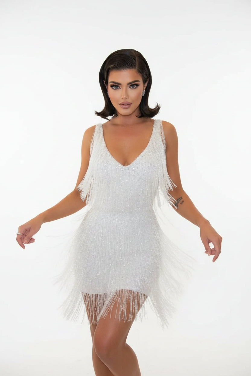 Robe Soirée Courte Femme à Franges Brillantes Sans Manches | Cocktail Glamour | ROBEMODE