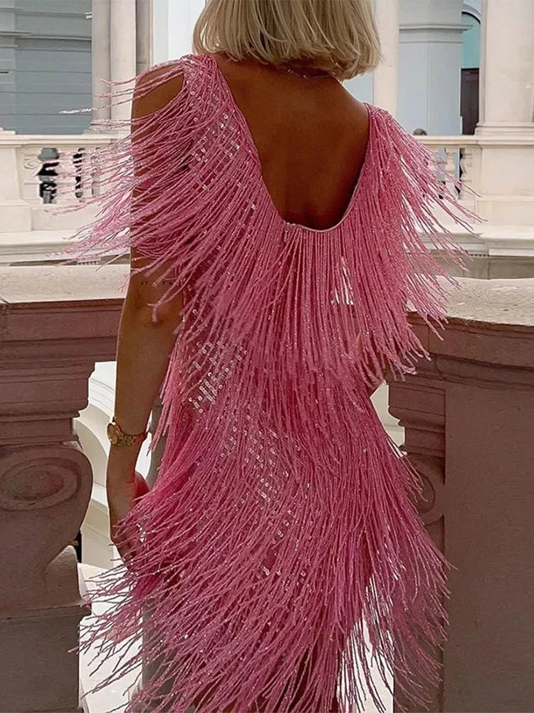 Robe Soirée Courte Femme à Franges Brillantes Sans Manches | Cocktail Glamour | ROBEMODE