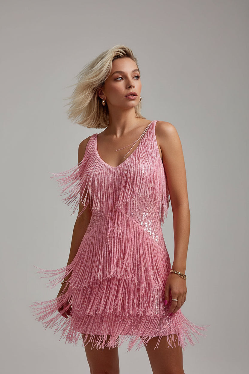 Robe Soirée Courte Femme à Franges Brillantes Sans Manches | Cocktail Glamour | ROBEMODE