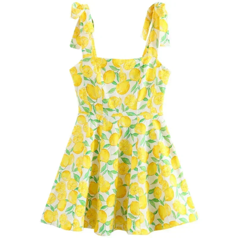 Robe courte femme imprimé citron jaune estivale plage | Coupe féminine + Style élégant + Facile à accessoiriser – ROBEMODE