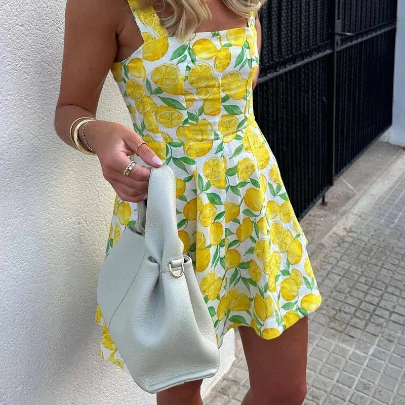 Robe courte femme imprimé citron jaune estivale plage | Coupe féminine + Style élégant + Facile à accessoiriser – ROBEMODE