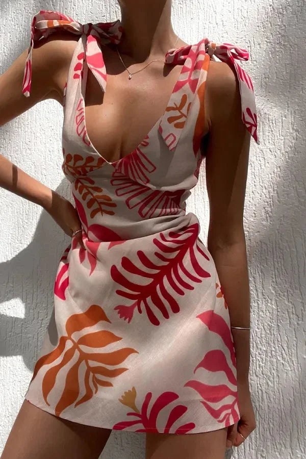 Robe courte imprimée tropicale col V épaule nouée | ROBEMODE