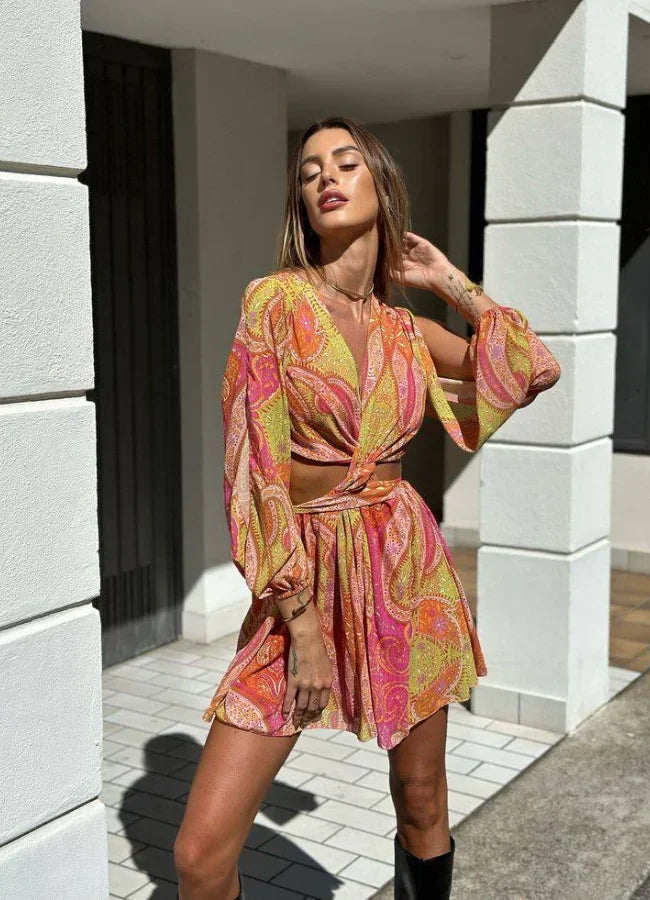 Robe courte été imprimée rose jaune manches longues