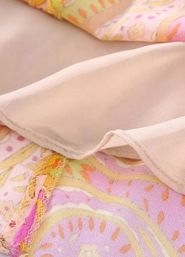 Robe Courte Imprimée Rose Jaune Col V Manches Longues Été | ROBEMODE