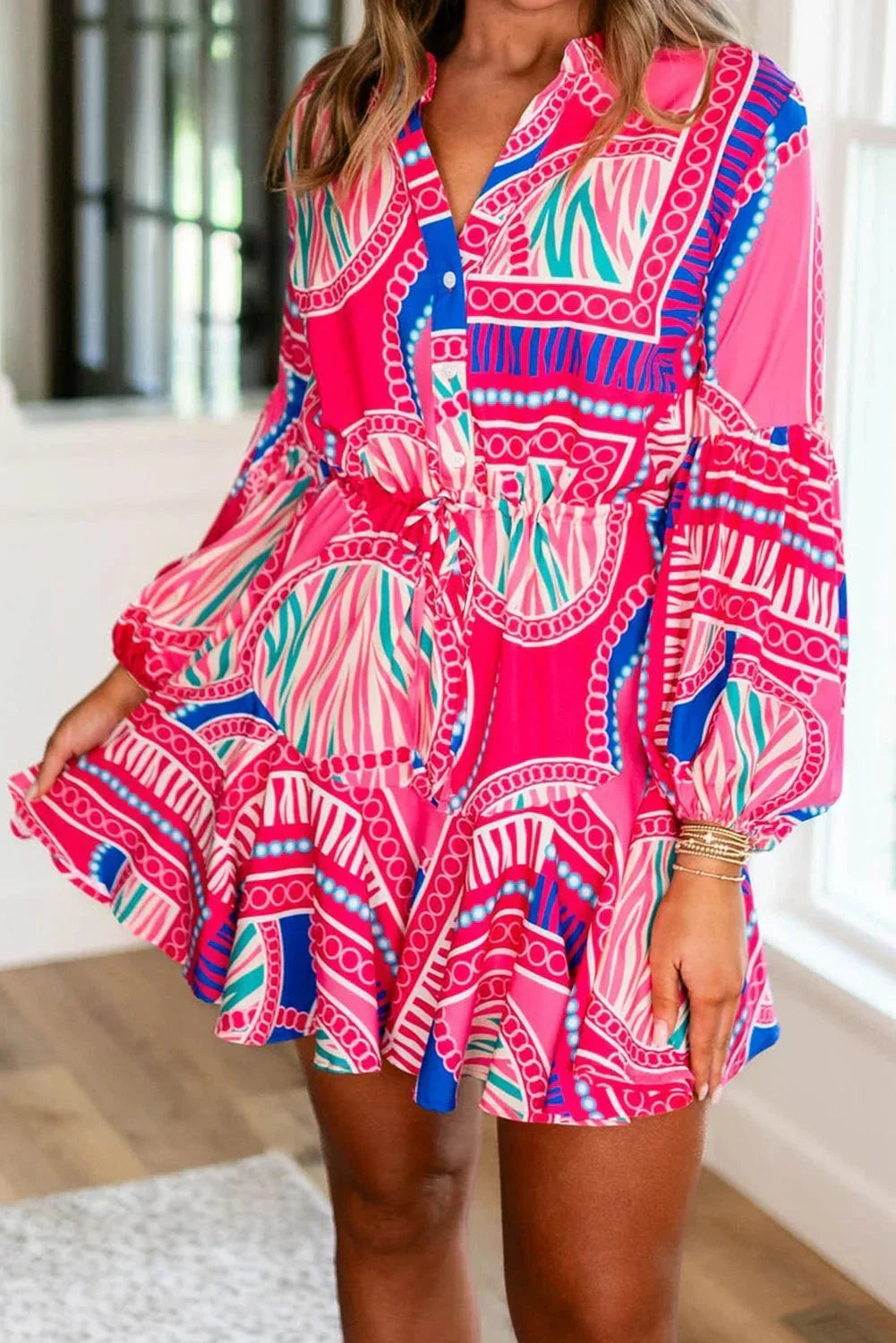 Robe courte femme imprimée tribale rose manches longues | ROBEMODE