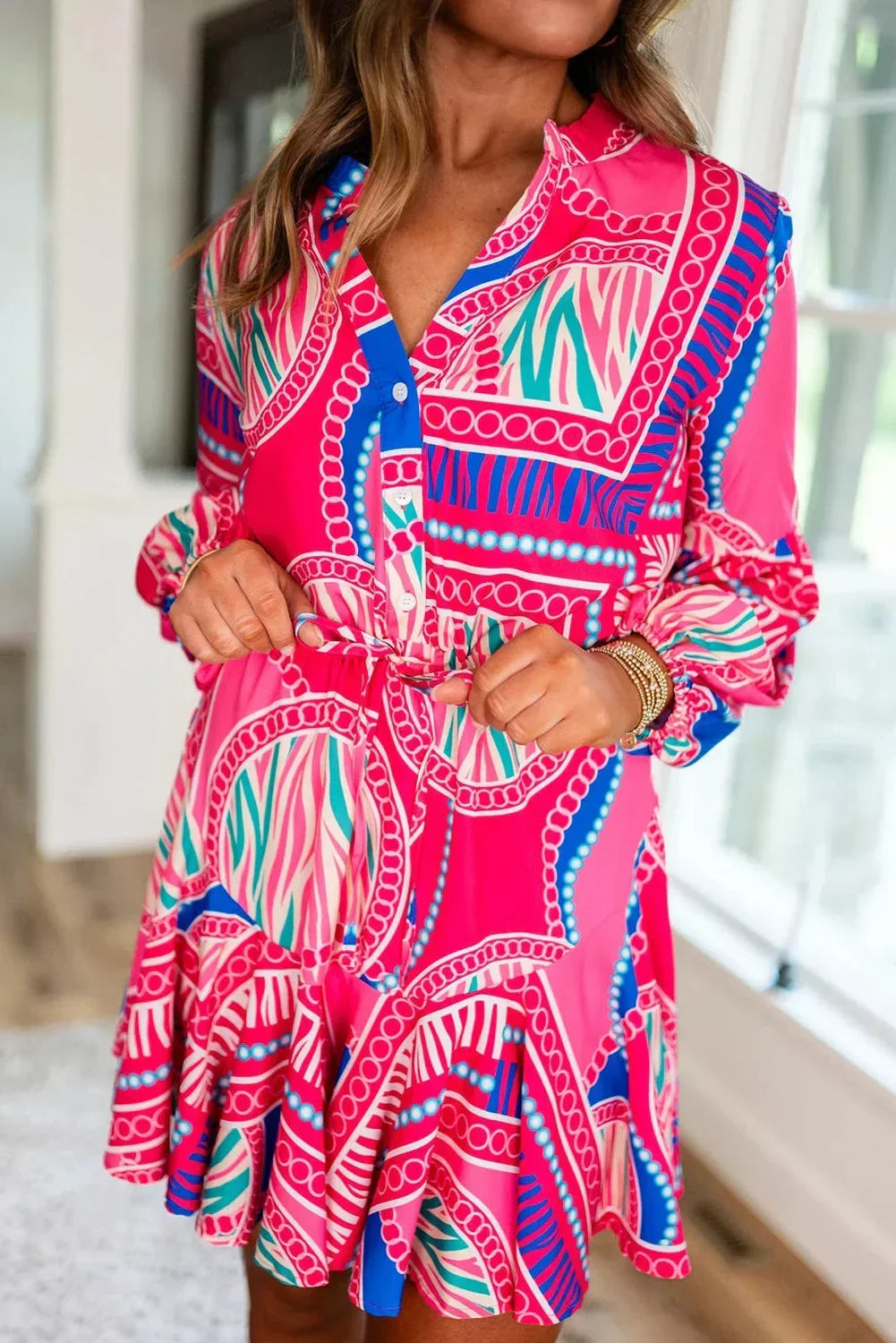 Robe courte femme imprimée tribale rose manches longues | ROBEMODE