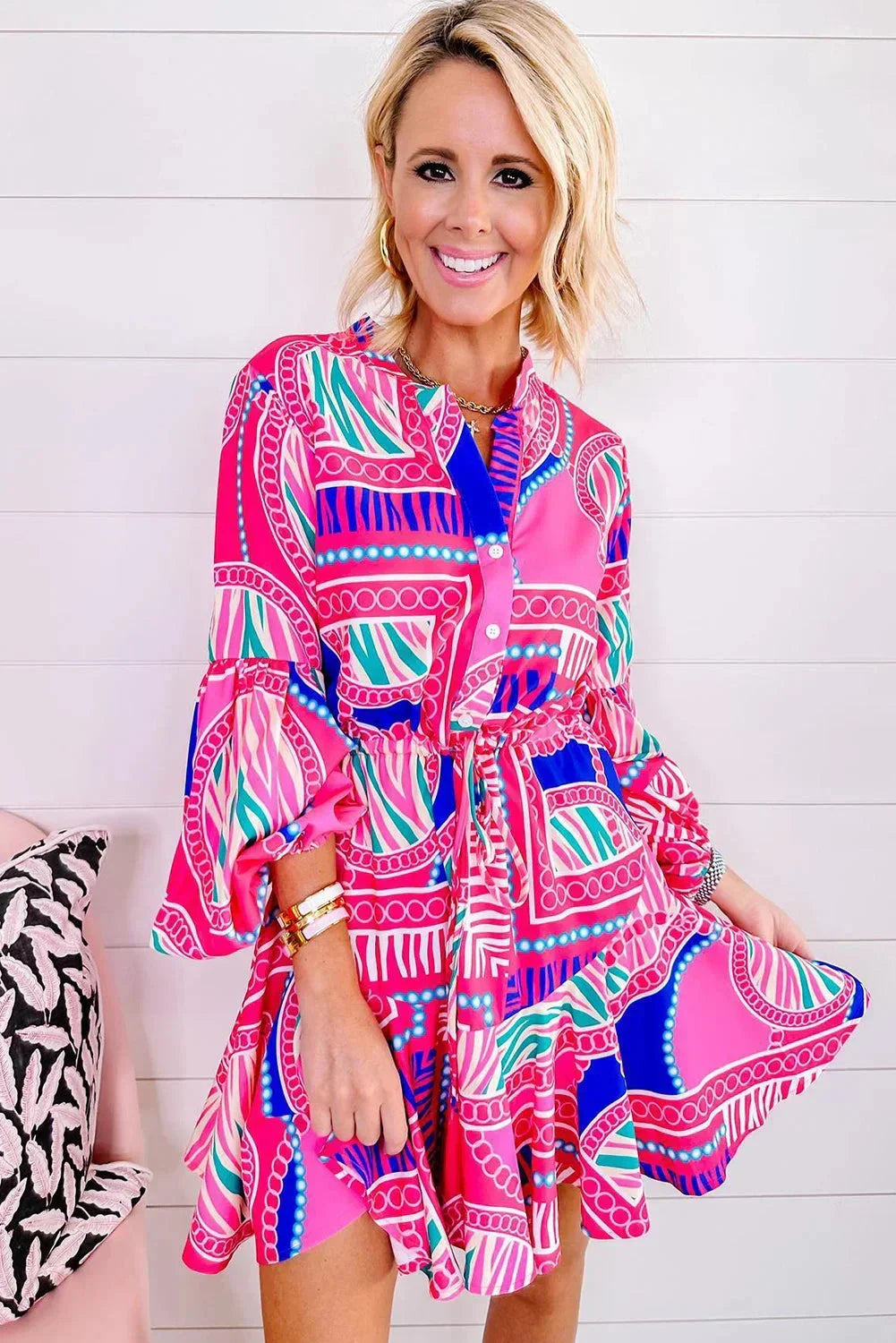 Robe courte femme imprimée tribale rose manches longues | ROBEMODE