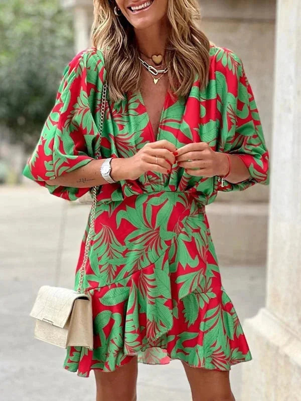 Robe Courte Imprimé Tropical Manches Évasées Vert Clair | ROBEMODE