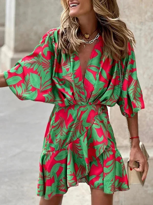 Robe Courte Imprimé Tropical Manches Évasées Vert Clair | ROBEMODE