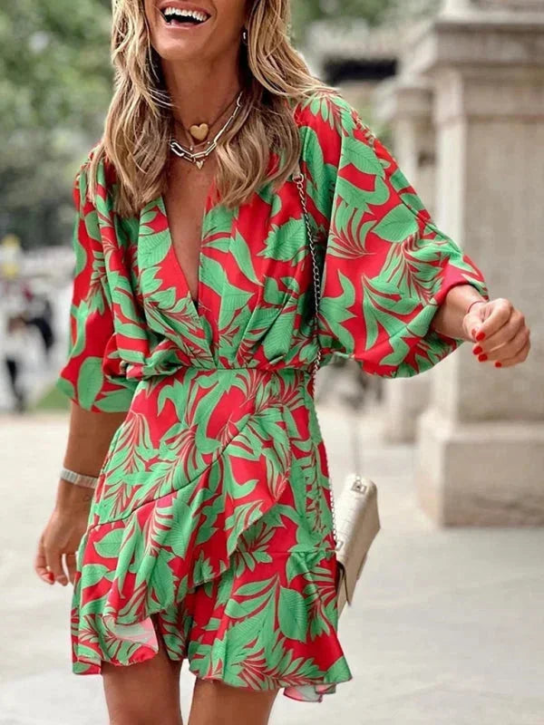 Robe Courte Imprimé Tropical Manches Évasées Vert Clair | ROBEMODE