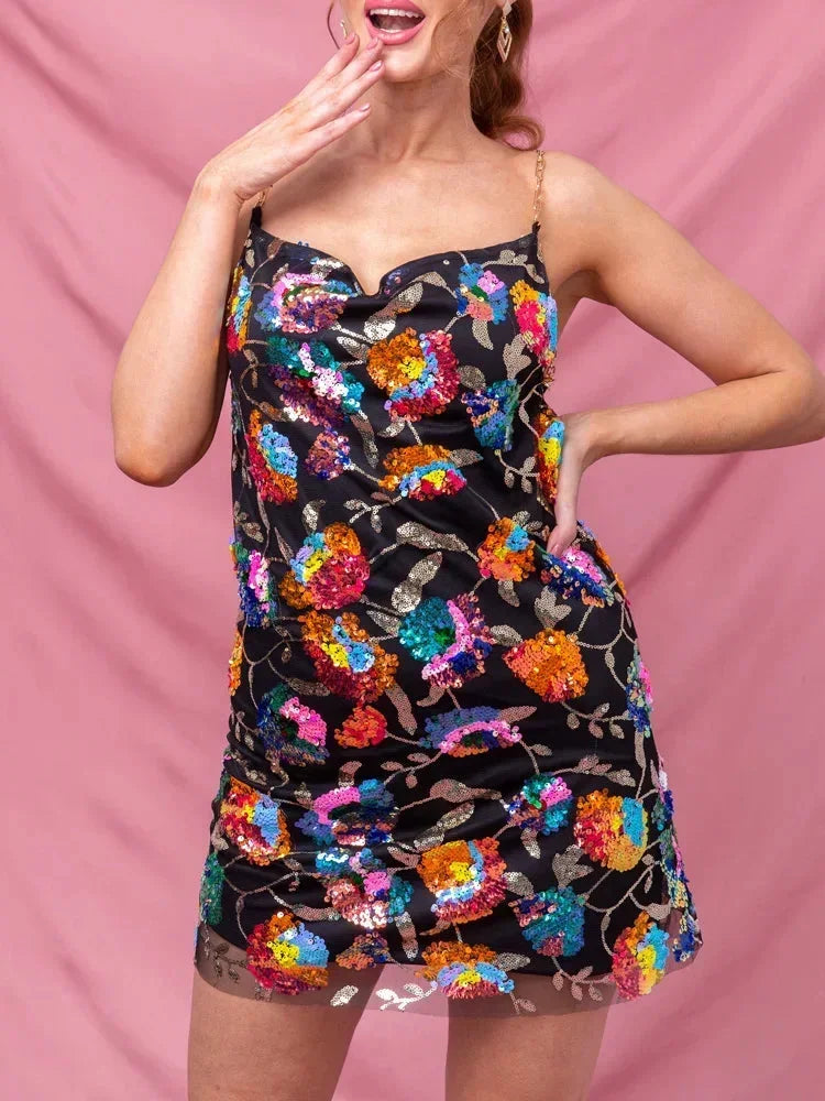 Robe Courte Soirée Motifs Brillants Bretelles 2 Coloris | ROBEMODE