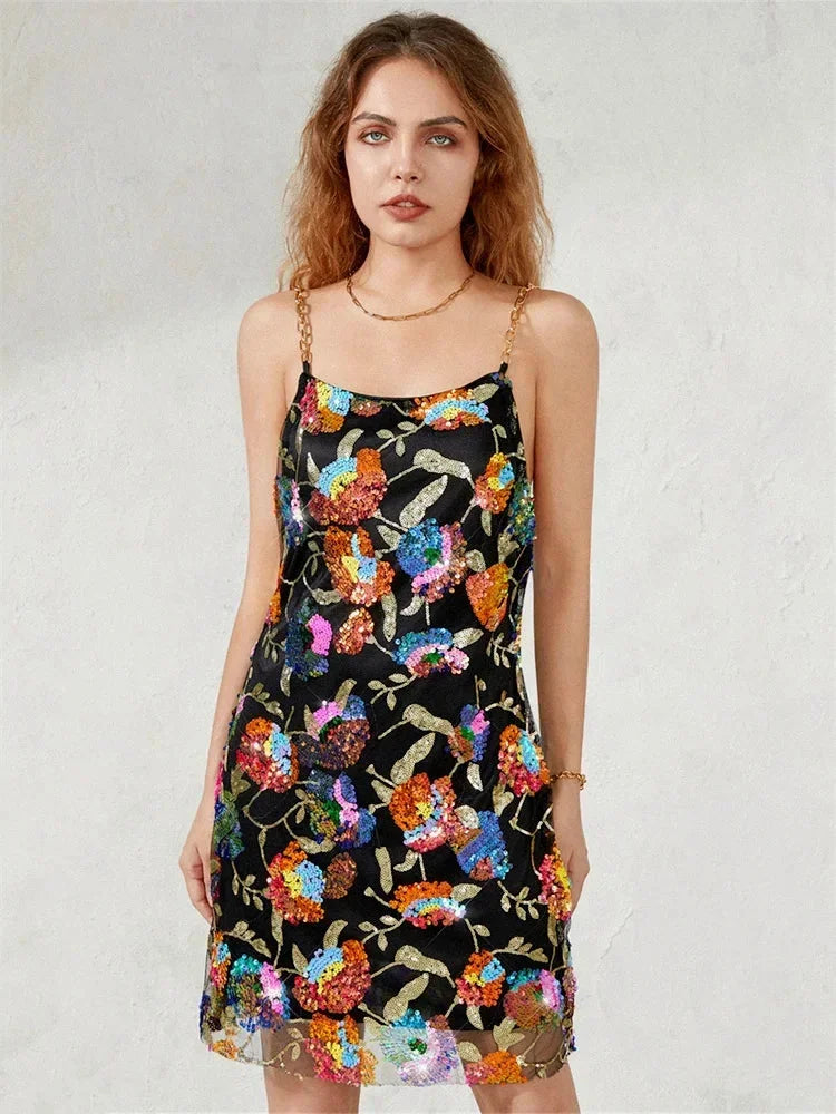 Robe Courte Soirée Motifs Brillants Bretelles 2 Coloris | ROBEMODE