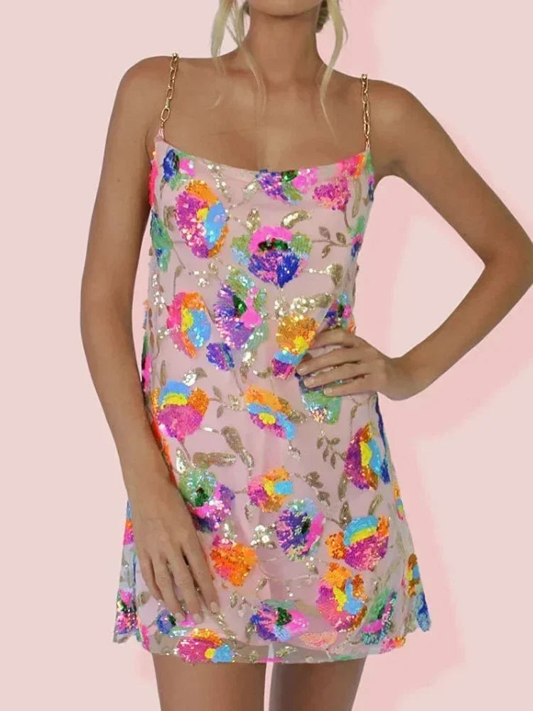 Robe Courte Soirée Motifs Brillants Bretelles 2 Coloris | ROBEMODE