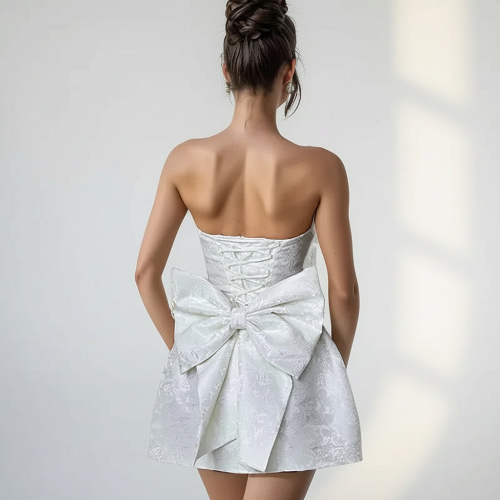 Robe Courte Femme Jacquard Sans Bretelles Dos Nu | Élégante Soirée Cocktail | ROBEMODE