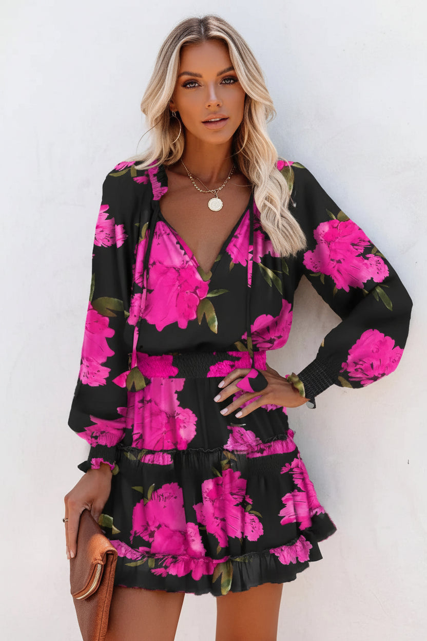 Robe Courte Femme Volants Col V Imprimés Variés Manches Longues | ROBEMODE