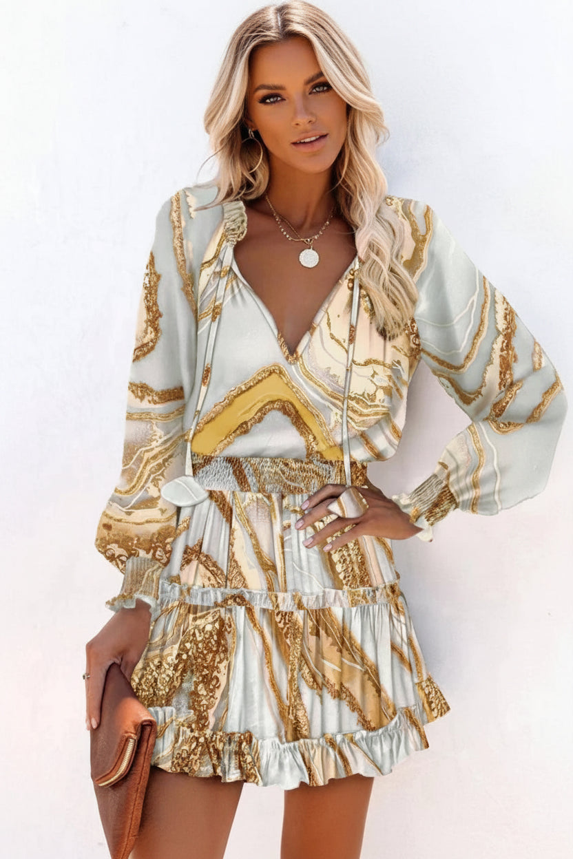 Robe Courte Femme Volants Col V Imprimés Variés Manches Longues | ROBEMODE