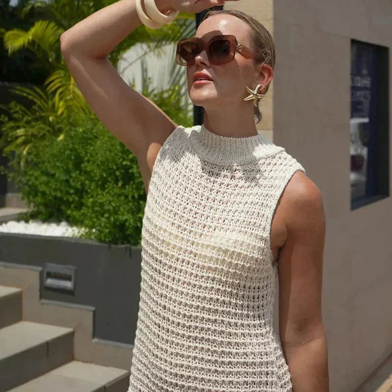 Robe Courte Femme Maille Ivoire Sans Manches Franges | ROBEMODE