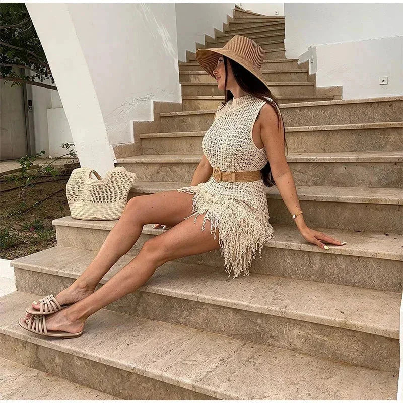Robe Courte Femme Maille Ivoire Sans Manches Franges | ROBEMODE