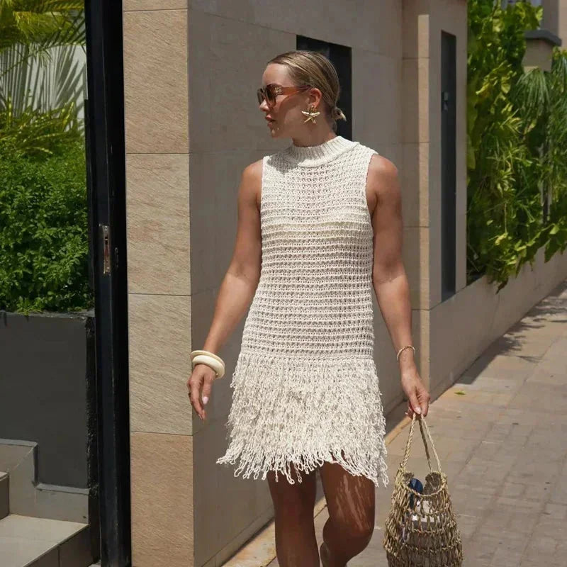 Robe Courte Femme Maille Ivoire Sans Manches Franges | ROBEMODE