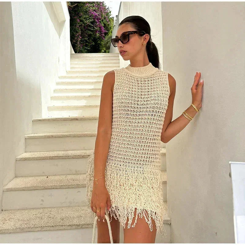 Robe Courte Femme Maille Ivoire Sans Manches Franges | ROBEMODE