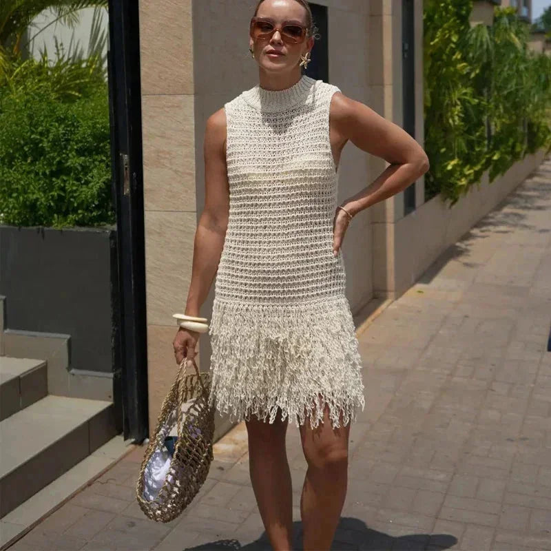 Robe Courte Femme Maille Ivoire Sans Manches Franges | ROBEMODE