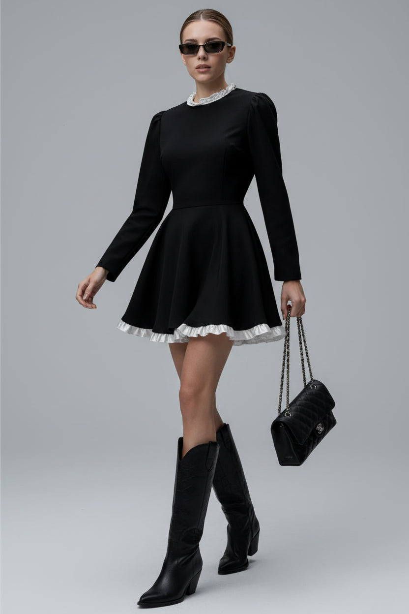 Robe courte femme avec col ruché et manches longues | Coupe féminine + Style élégant + Facile à accessoiriser – ROBEMODE